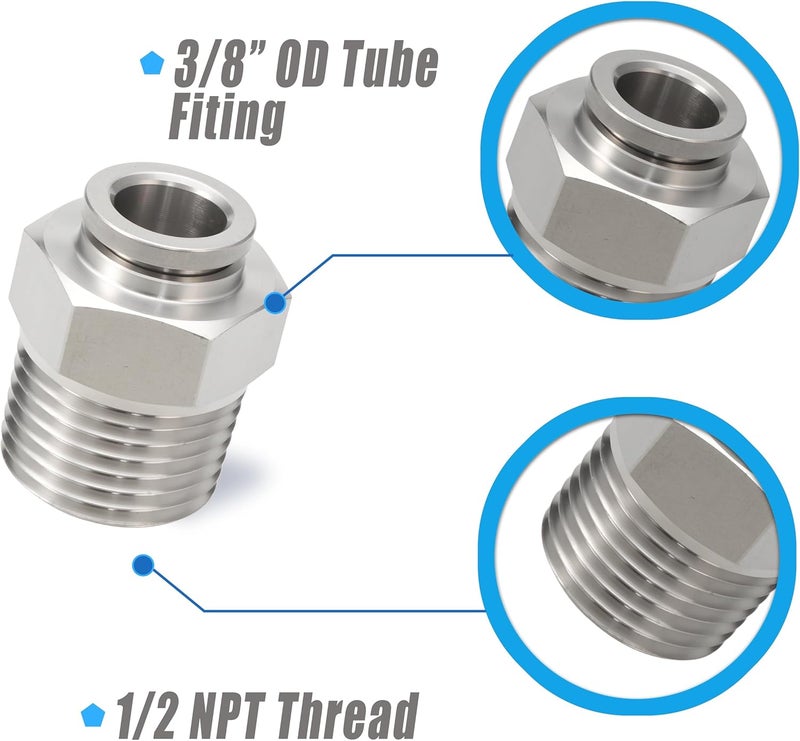 MSAEIQUN Stainless Steel 3/8 Air hose fittings, Push to Connect Air fittings Male Straight 3/8 Inch Tube OD x 1/2 NPT Thread Fitting (Pack of 2) - Image 2
